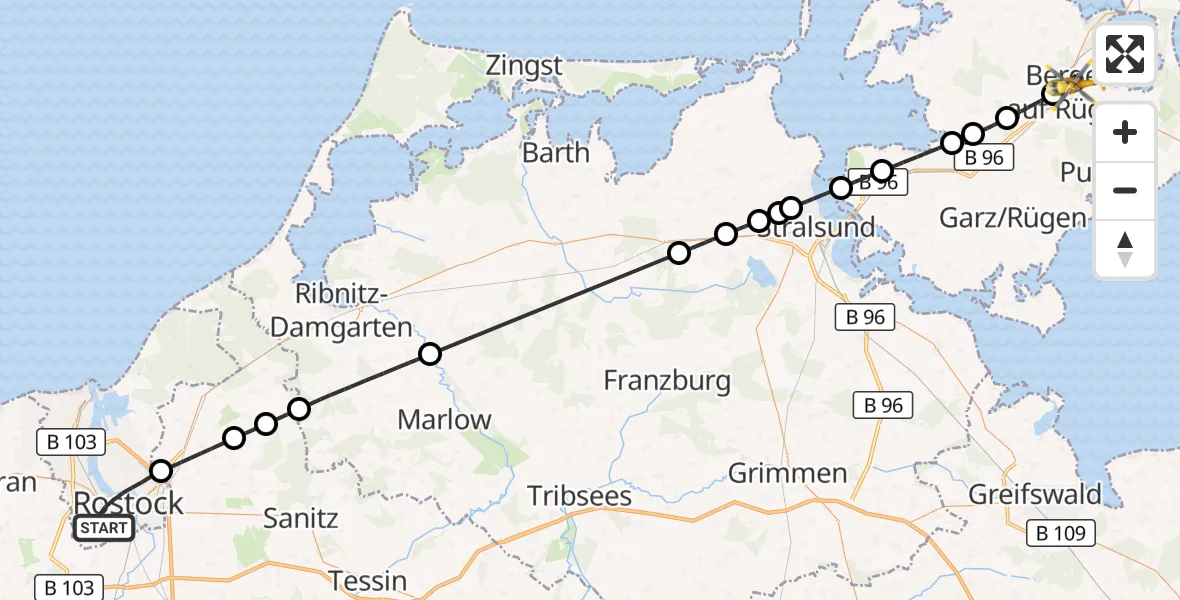 Flugroute Rettungshubschrauber Rostock - Bergen auf Rügen, 26 Oktober 2026, 13:19