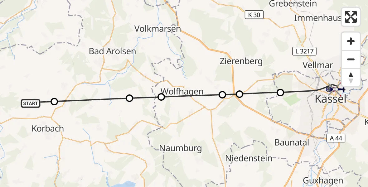 Flugroute Polizeihubschrauber Korbach - Kassel, 26 Oktober 2026, 13:34