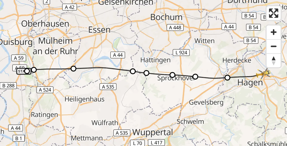 Flugroute Rettungshubschrauber Duisburg Air Rescue Hubschrauberlandeplatz (Christoph 9) - Hagen, 26 Oktober 2026, 13:39