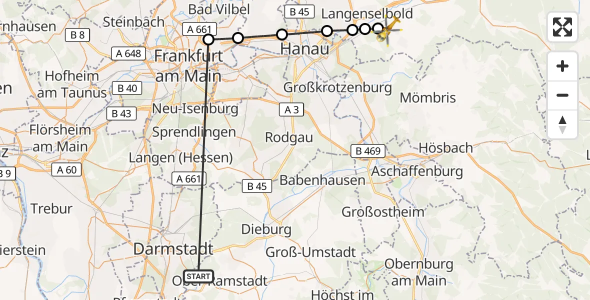 Flugroute Rettungshubschrauber Mühltal - Hasselroth, 26 Oktober 2026, 13:42