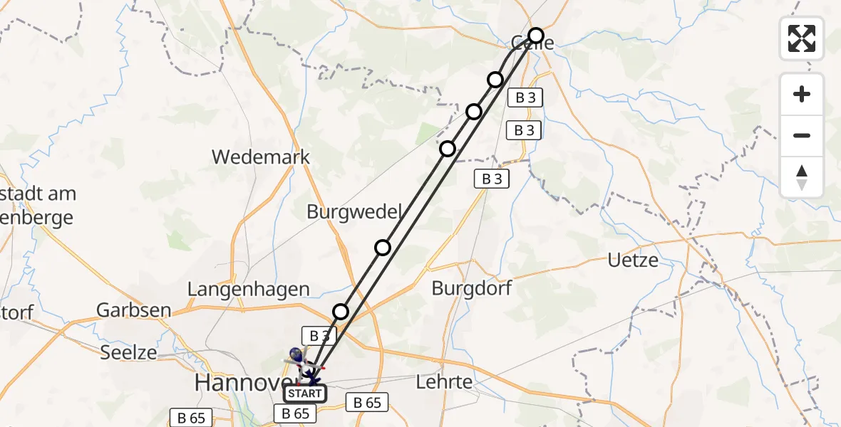 Flugroute Polizeihubschrauber Hannover - Hannover Luftrettung Hubschrauberlandeplatz (Christoph 4), 26 Oktober 2026, 13:42