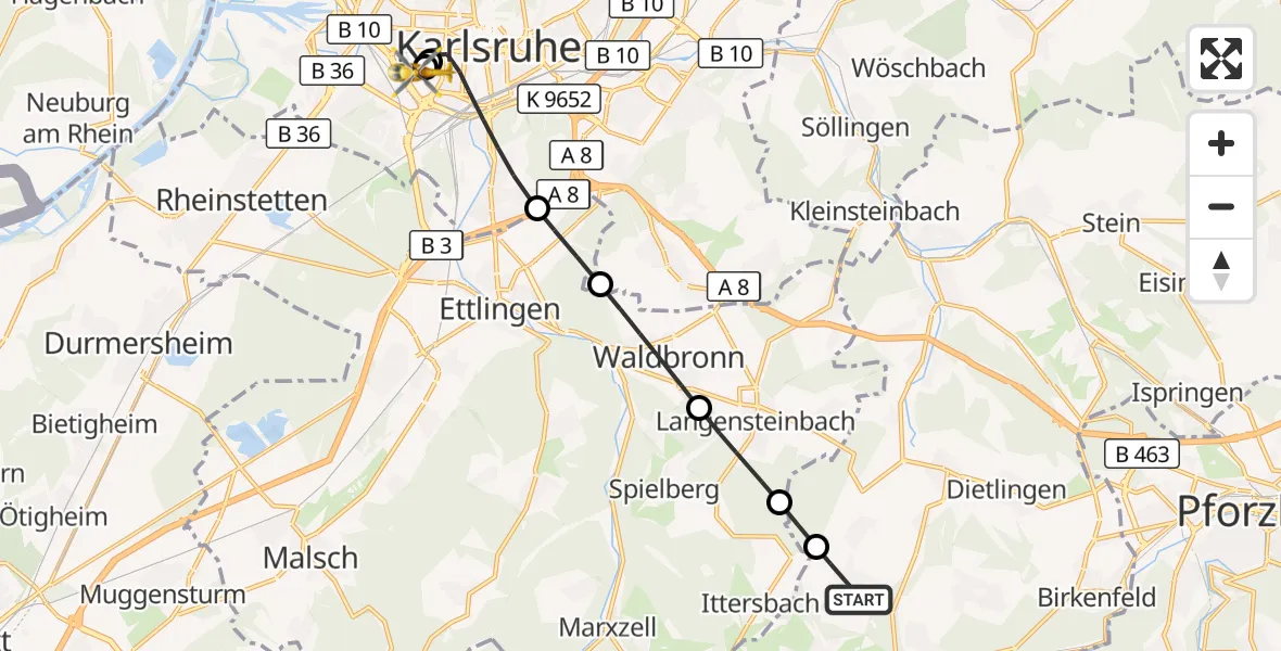 Flugroute Ambulanzhubschrauber Straubenhardt - Sankt Vincentius Hospital, 26 Oktober 2026, 13:46