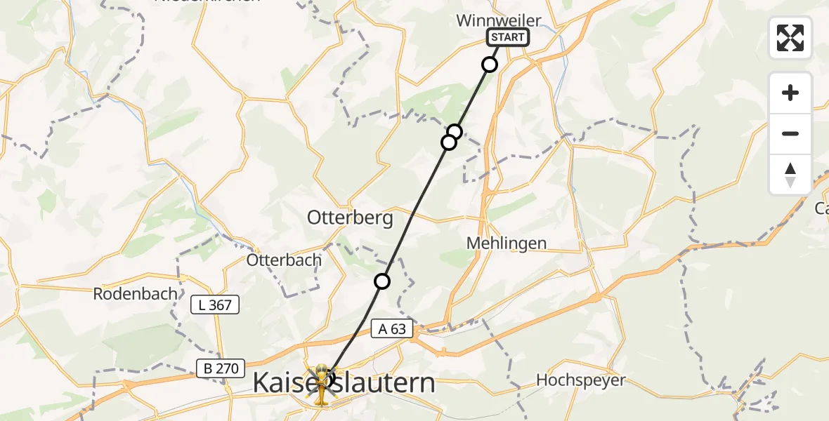 Flugroute Rettungshubschrauber Winnweiler - Westpfalz Hospital Kaiserslautern, 26 Oktober 2026, 13:53