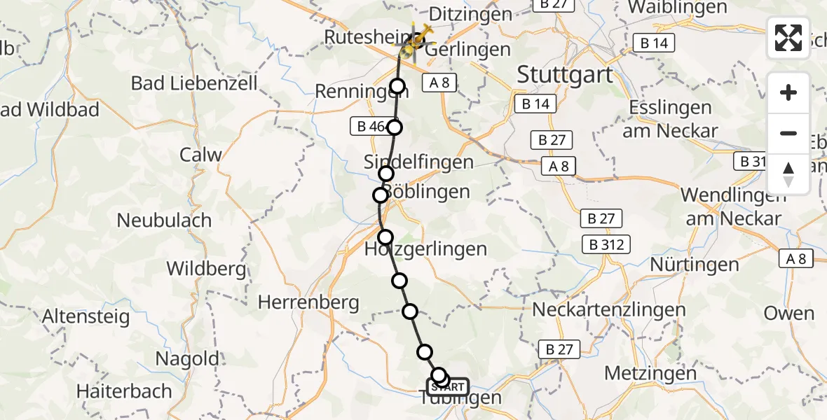 Flugroute Rettungshubschrauber Tübingen University Hospital - Leonberg Hospital, 26 Oktober 2026, 14:01