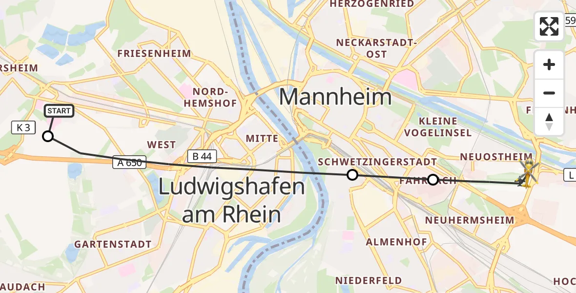 Flugroute Rettungshubschrauber Ludwigshafen Accident Hospital - Mannheim-City Flughafen, 26 Oktober 2026, 14:02