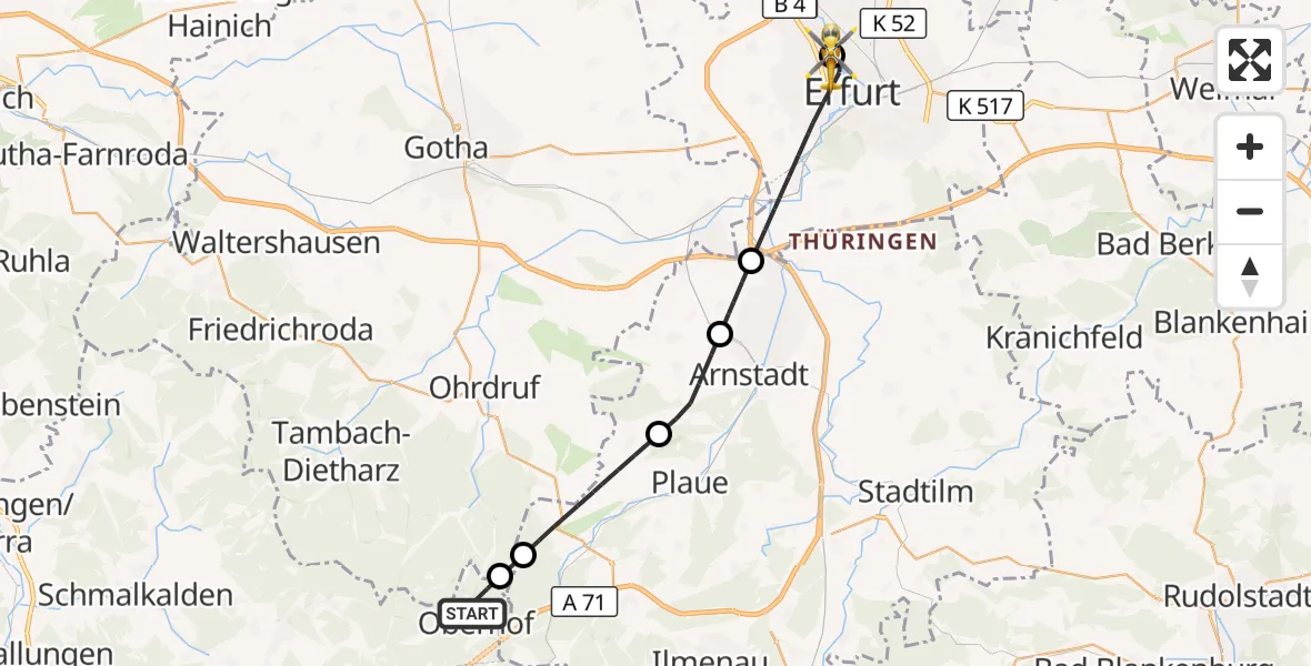 Flugroute Rettungshubschrauber Oberhof - Helios Clinic Erfurt, 26 Oktober 2026, 14:04