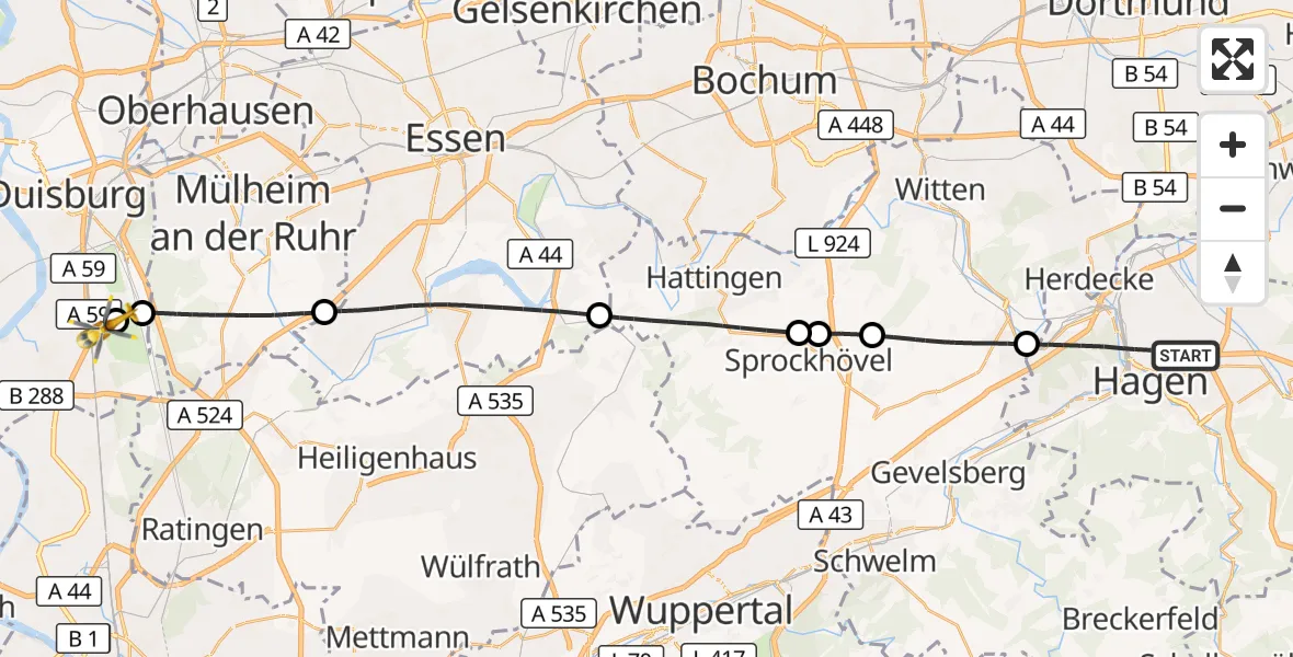 Flugroute Rettungshubschrauber Hagen - Duisburg Air Rescue Hubschrauberlandeplatz (Christoph 9), 26 Oktober 2026, 14:11