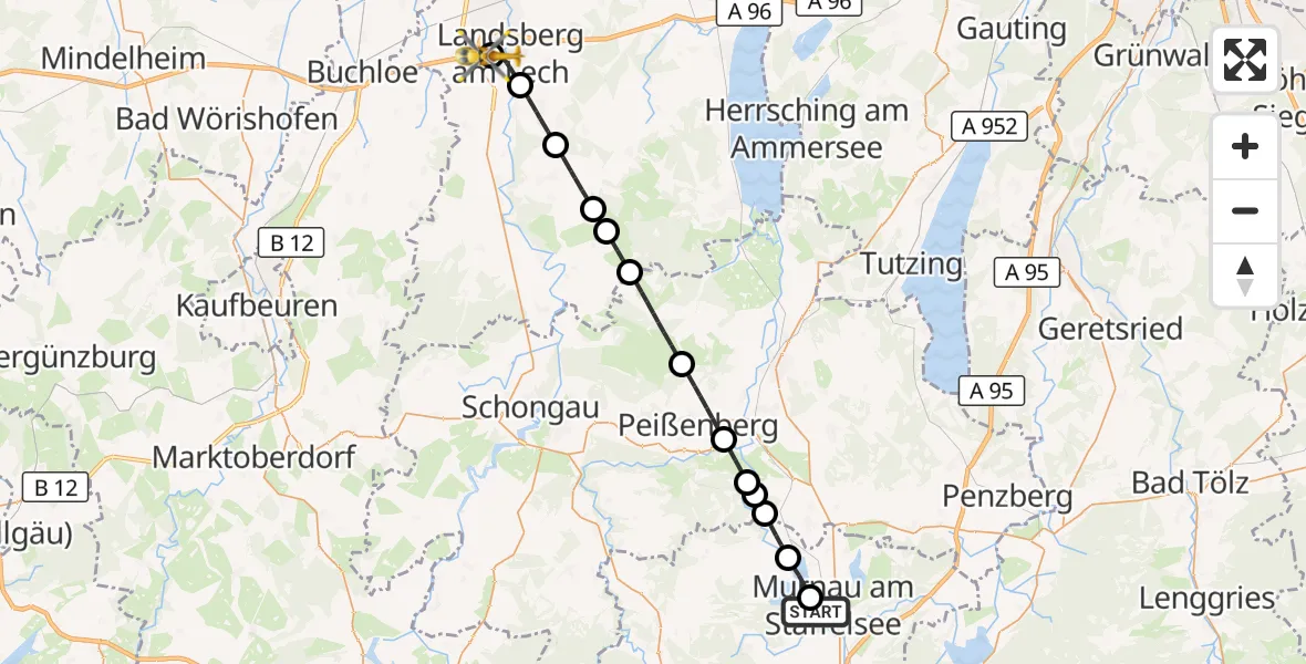 Flugroute Rettungshubschrauber Murnau a.Staffelsee - Landsberg am Lech Hospital, 26 Oktober 2026, 14:42