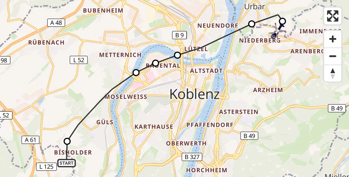 Flugroute Polizeihubschrauber Winningen - Koblenz, 26 Oktober 2026, 14:49
