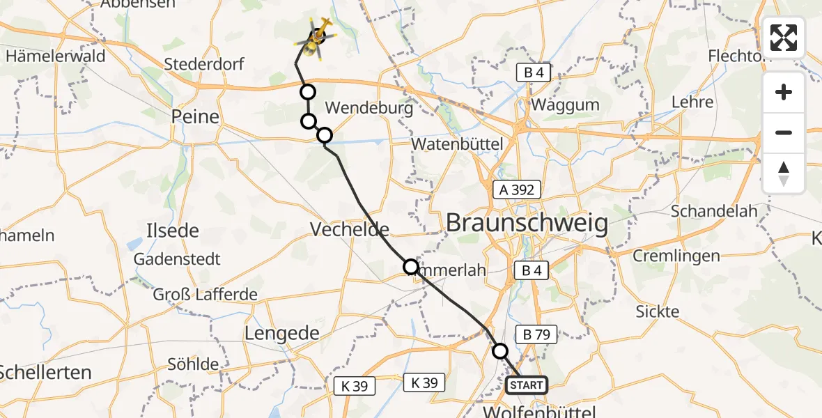 Flugroute Rettungshubschrauber Wolfenbüttel - Edemissen, 26 Oktober 2026, 15:00