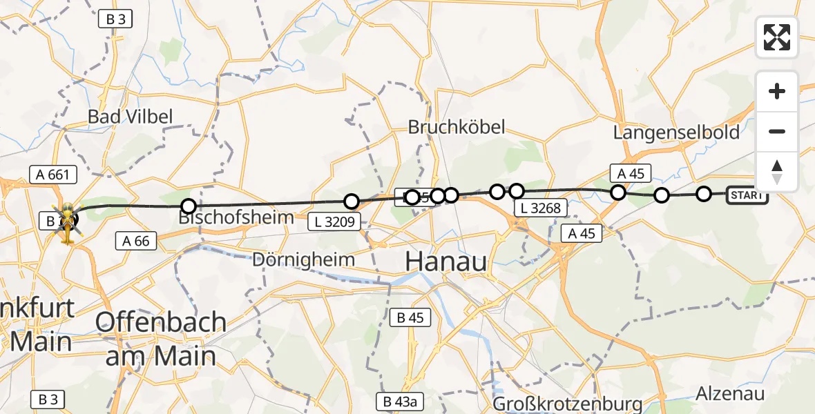 Flugroute Rettungshubschrauber Hasselroth - Frankfurt am Main Accident Hospital Roof Helipad (CHX2), 26 Oktober 2026, 15:01