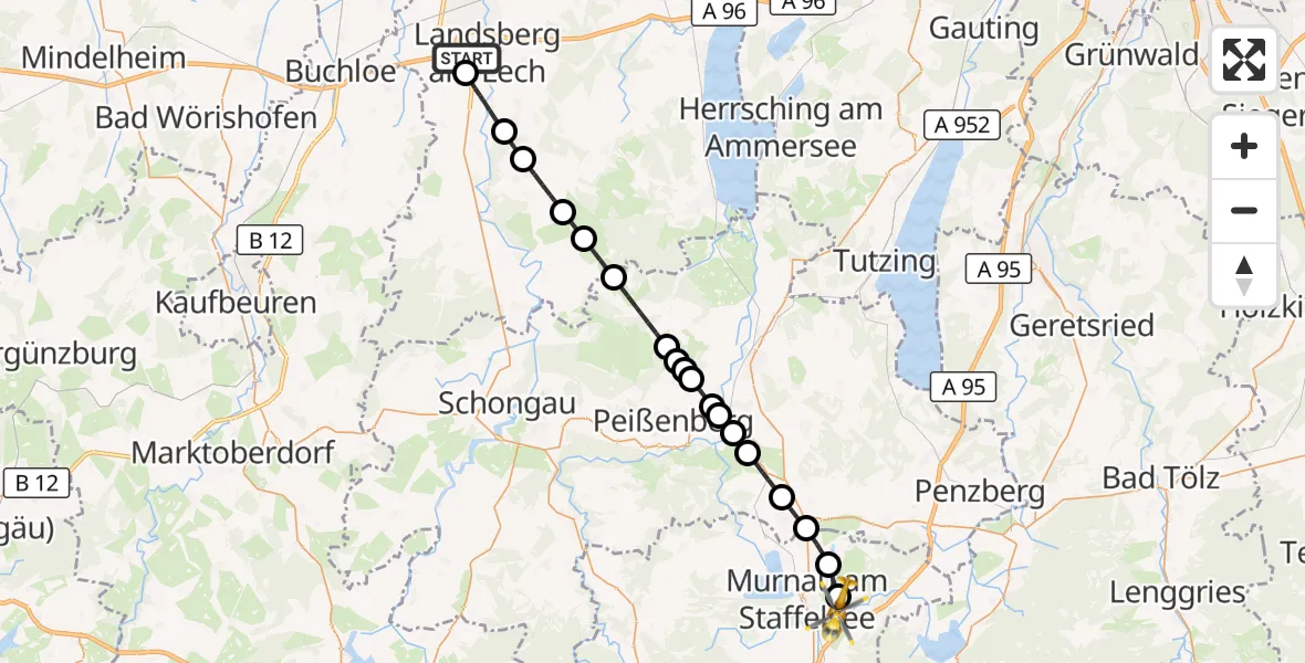 Flugroute Rettungshubschrauber Landsberg am Lech Hospital - Riegsee, 26 Oktober 2026, 15:17