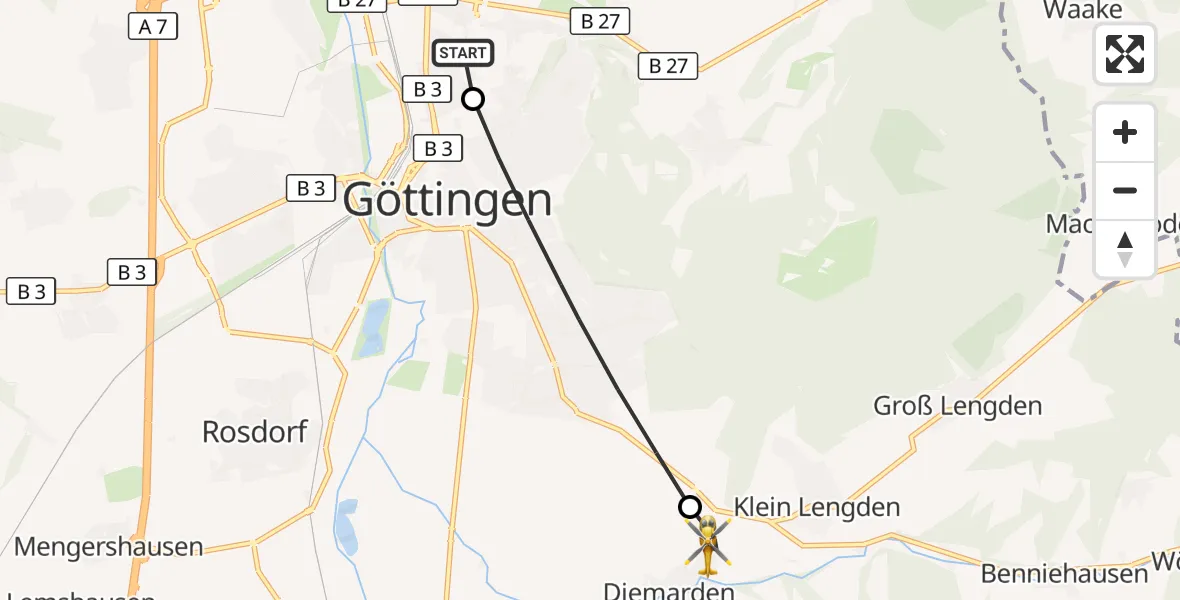 Flugroute Rettungshubschrauber Göttingen University Clinic Hubschrauberlandeplatz - Gleichen, 26 Oktober 2026, 15:20
