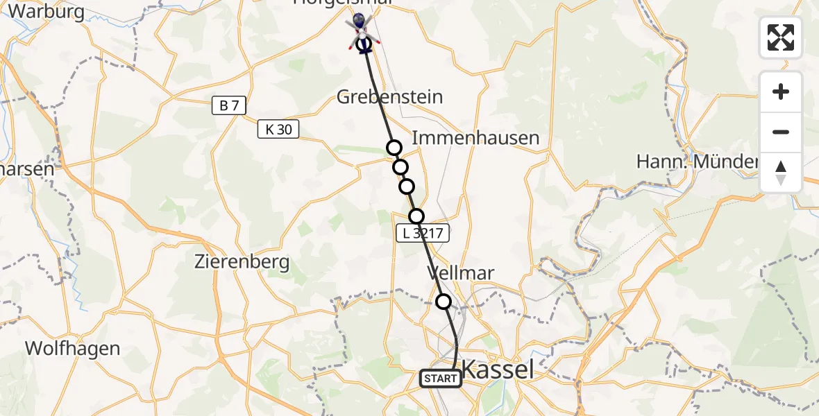 Flugroute Polizeihubschrauber Kassel - Hofgeismar, 26 Oktober 2026, 15:22
