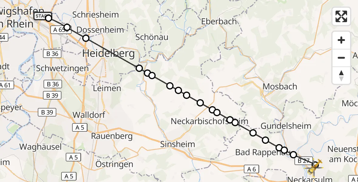Flugroute Rettungshubschrauber Mannheim-City Flughafen - Klinikum am Plattenwald, 26 Oktober 2026, 15:41