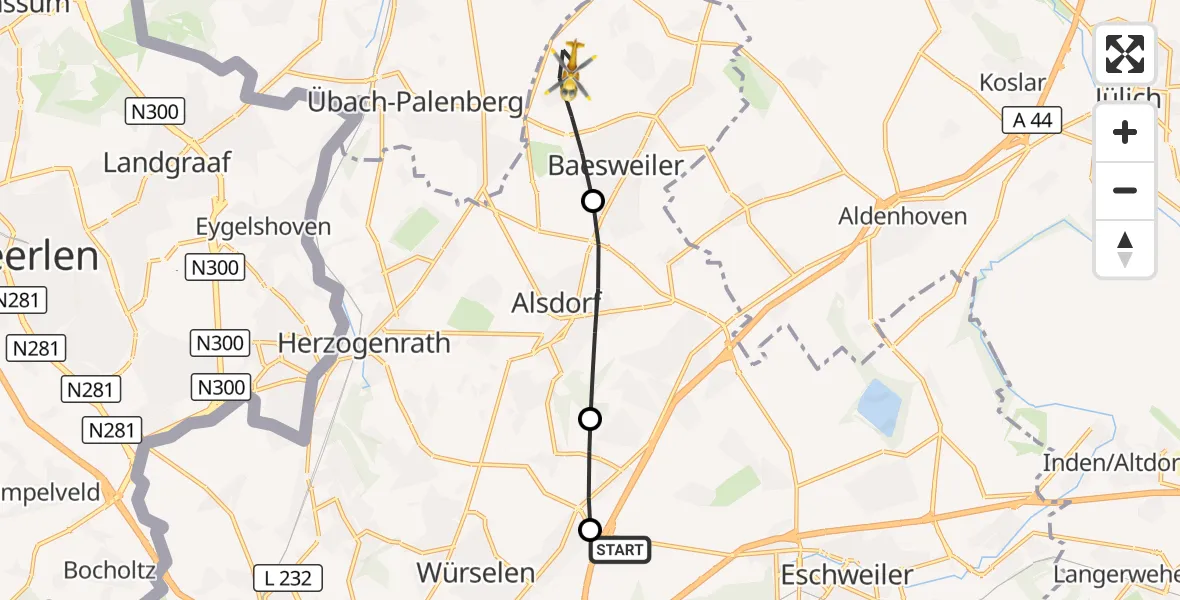 Flugroute Rettungshubschrauber Aachen-Merzbrück Flughafen - Baesweiler, 26 Oktober 2026, 15:44