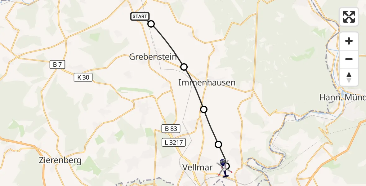 Flugroute Polizeihubschrauber Hofgeismar - Fuldatal Bundespolizei Hubschrauberlandeplatz, 26 Oktober 2026, 15:45