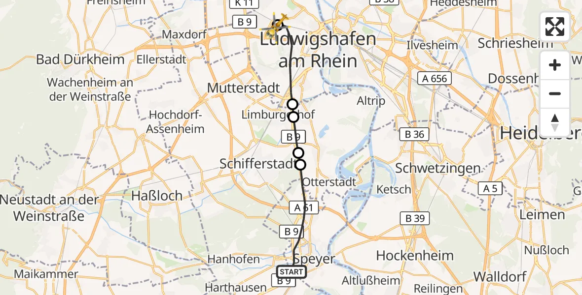 Flugroute Rettungshubschrauber Speyer - Ludwigshafen Accident Hospital, 26 Oktober 2026, 15:55