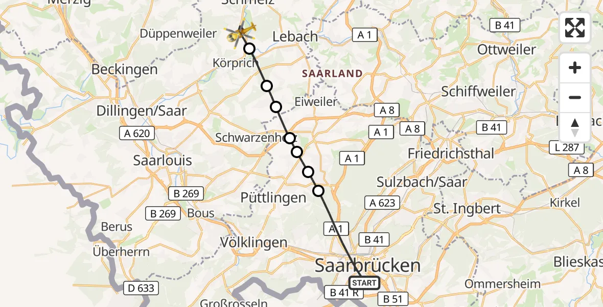 Flugroute Rettungshubschrauber Saarbrücken - Schmelz, 26 Oktober 2026, 15:57