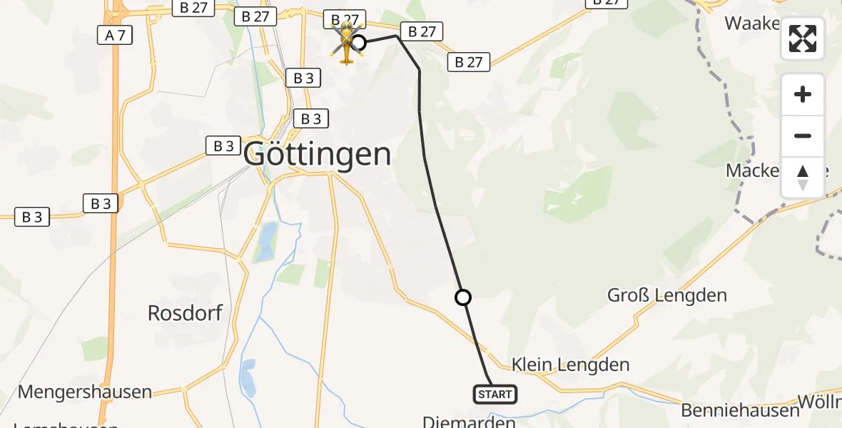 Flugroute Rettungshubschrauber Gleichen - Göttingen University Clinic Hubschrauberlandeplatz, 26 Oktober 2026, 15:59