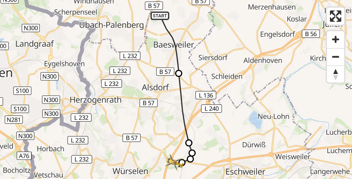 Flugroute Rettungshubschrauber Baesweiler - Aachen-Merzbrück Flughafen, 26 Oktober 2026, 16:23