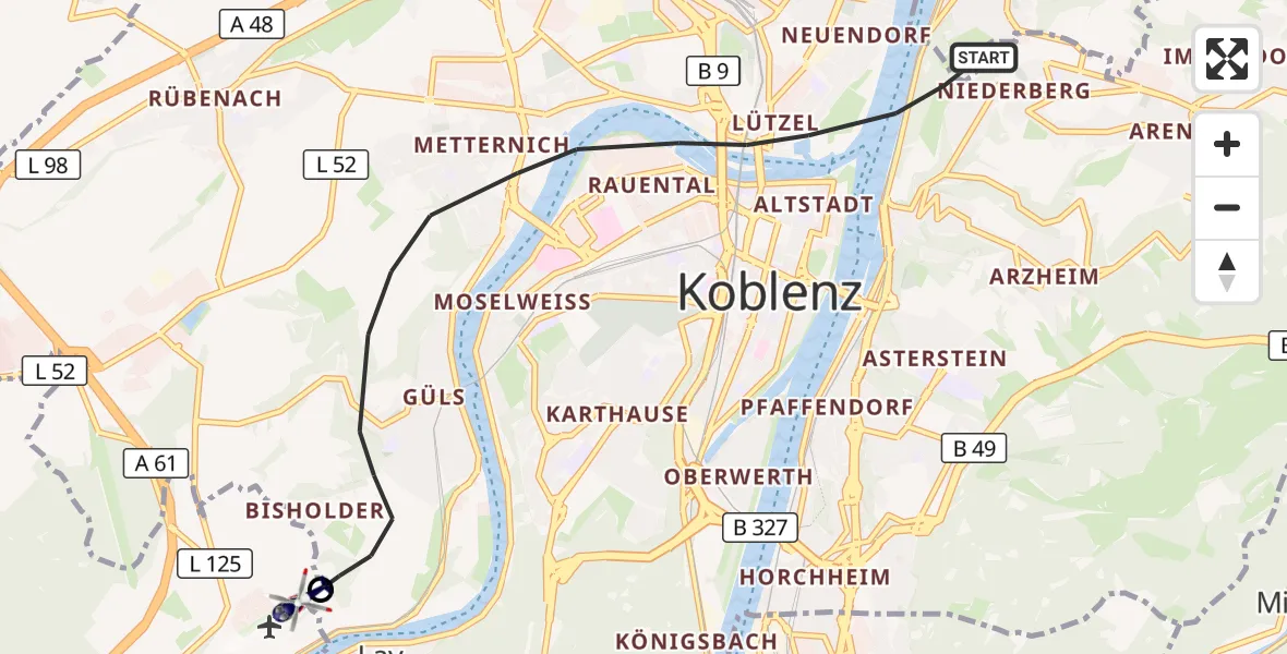 Flugroute Polizeihubschrauber Koblenz - Koblenz-Winningen Flugplatz, 26 Oktober 2026, 16:26