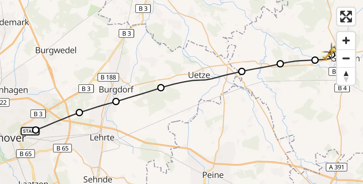Flugroute Rettungshubschrauber Hannover Luftrettung Hubschrauberlandeplatz (Christoph 4) - Gifhorn Bundespolizei Hubschrauberlandeplatz, 26 Oktober 2026, 16:34