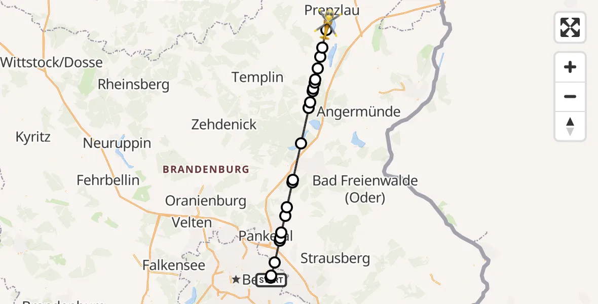Flugroute Rettungshubschrauber Berlin Emergency Hospital - Nordwestuckermark, 26 Oktober 2026, 16:38