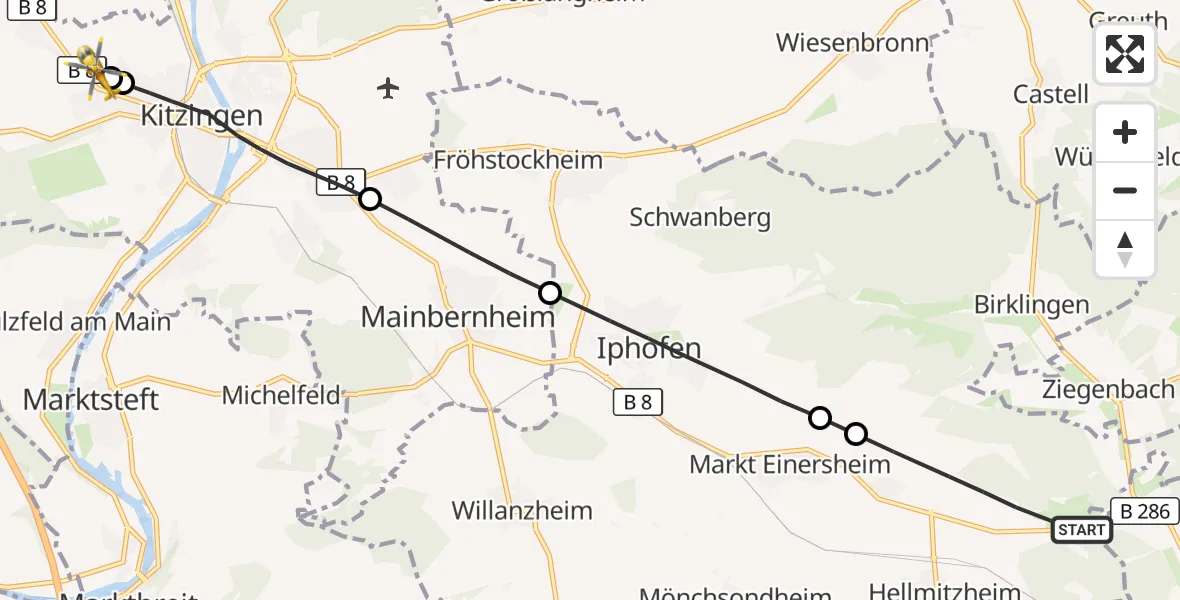 Flugroute Rettungshubschrauber Iphofen - Kitzingen Hospital, 26 Oktober 2026, 16:48