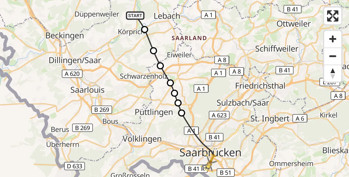 Flugroute Rettungshubschrauber Schmelz - Saarbrücken, 26 Oktober 2026, 16:53