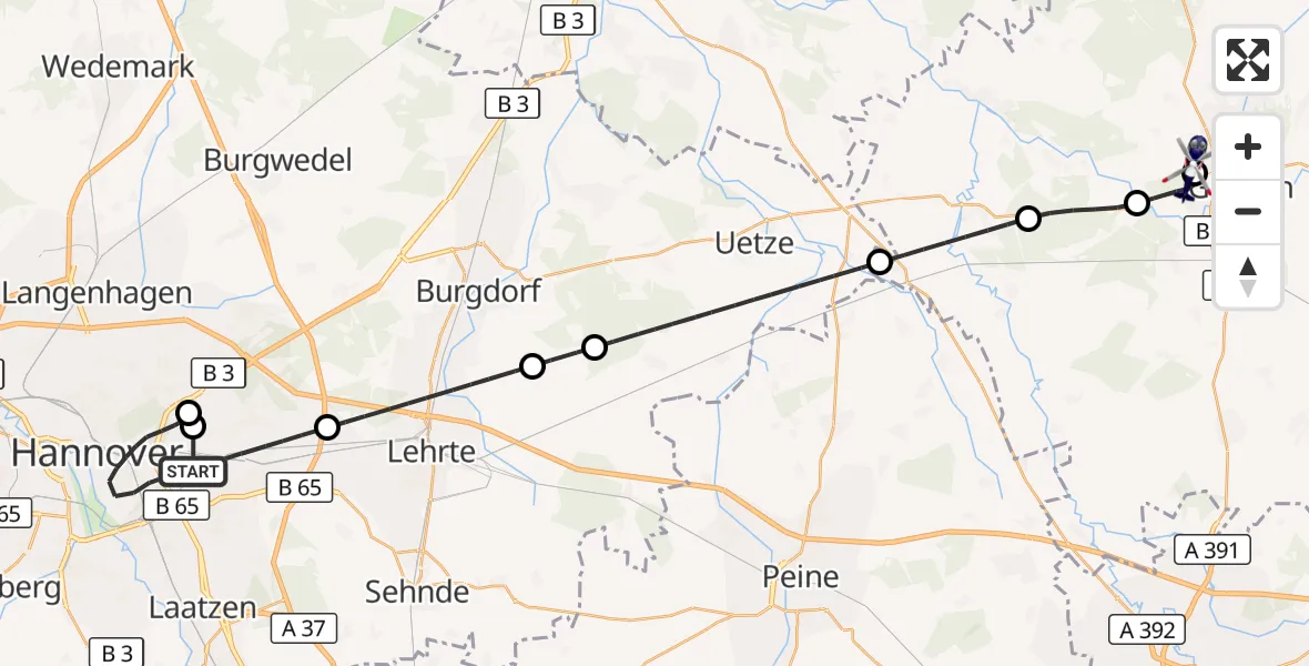 Flugroute Polizeihubschrauber Hannover - Gifhorn Bundespolizei Hubschrauberlandeplatz, 26 Oktober 2026, 16:54
