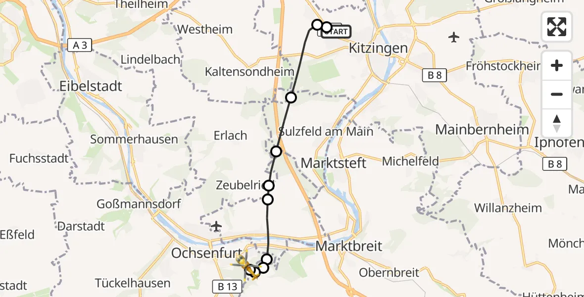 Flugroute Rettungshubschrauber Kitzingen Hospital - Ochsenfurt Hospital, 26 Oktober 2026, 17:02
