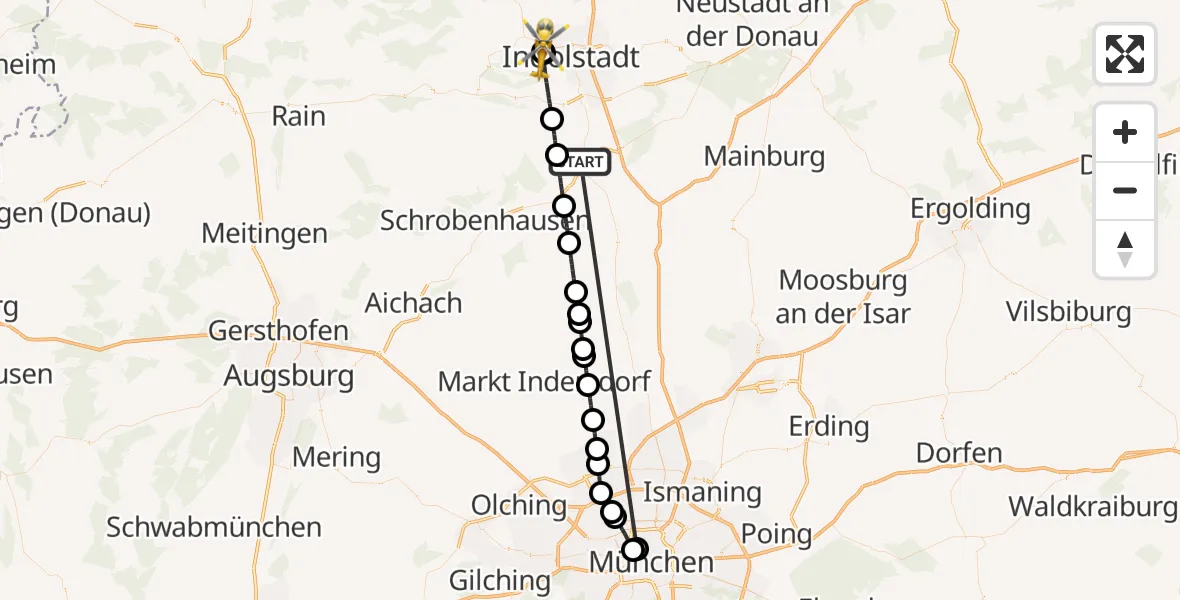 Flugroute Rettungshubschrauber Reichertshofen - Ingolstadt Hospital, 26 Oktober 2026, 17:26