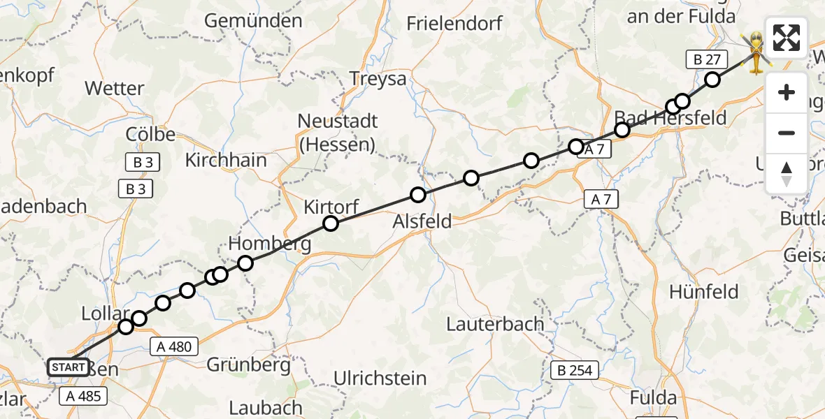 Flugroute Ambulanzhubschrauber Gießen - Ronshausen, 26 Oktober 2026, 18:01