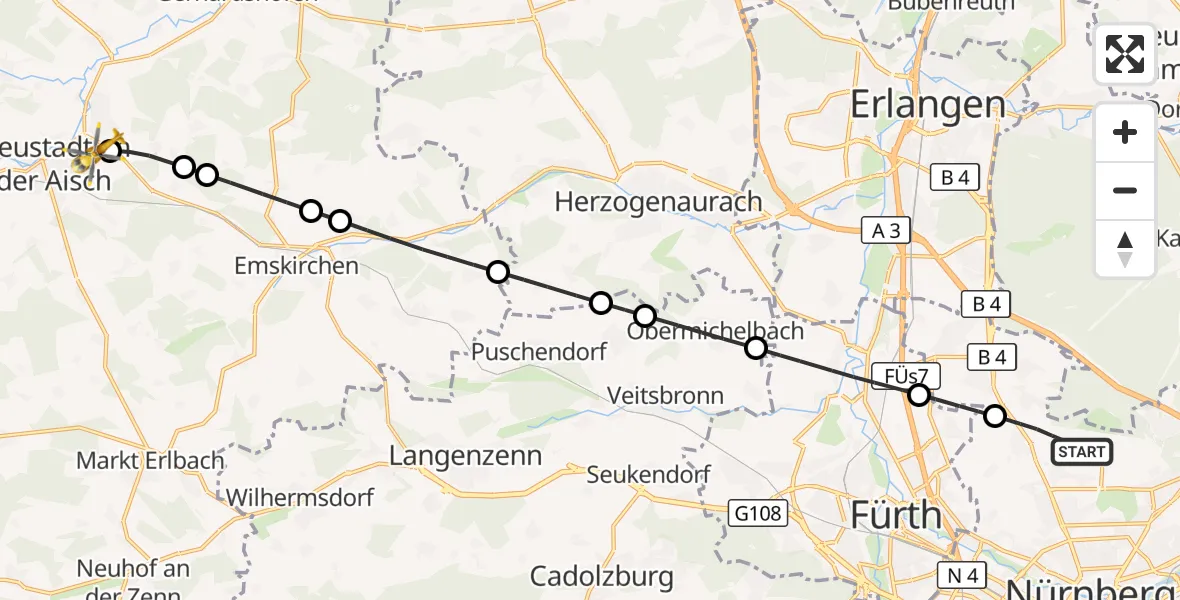 Flugroute Rettungshubschrauber Flughafen Nuremberg - Neustadt Krankenhaus Hubschrauberlandeplatz, 26 Oktober 2026, 18:23