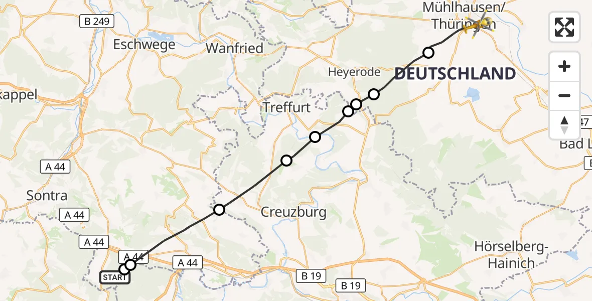 Flugroute Ambulanzhubschrauber Sontra - Mühlhausen/Thüringen, 26 Oktober 2026, 18:24