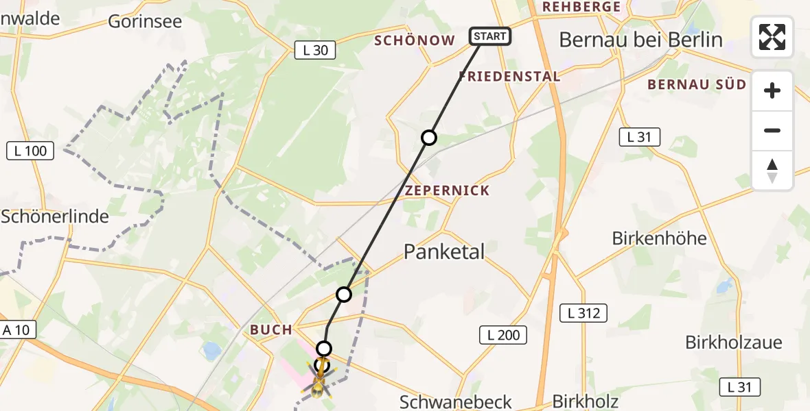 Flugroute Rettungshubschrauber Bernau bei Berlin - Helios Clinic Berlin-Buch, 26 Oktober 2026, 18:25