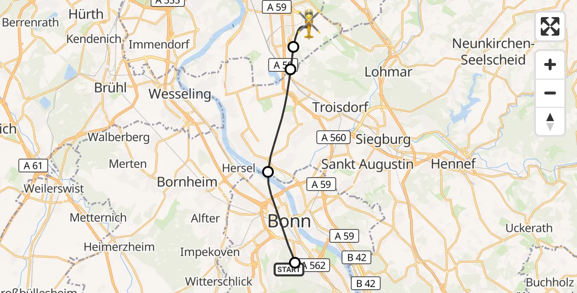 Flugroute Ambulanzhubschrauber Bonn University Hospital - Köln Bonn Flughafen, 26 Oktober 2026, 18:34