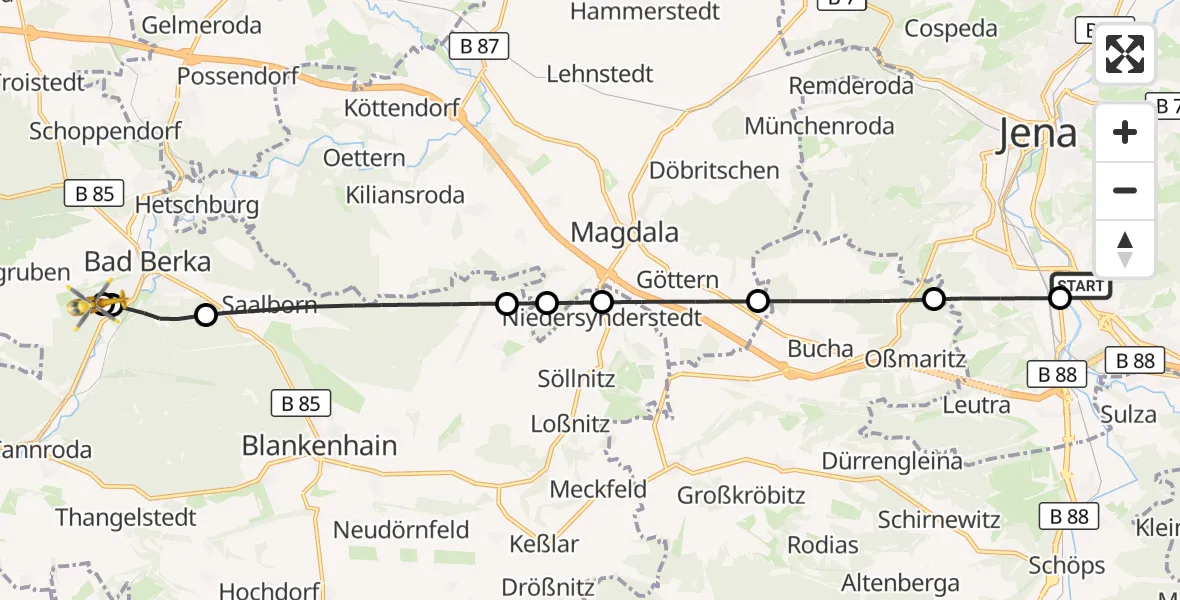 Flugroute Rettungshubschrauber Lobeda Hubschrauberlandeplatz - Bad Berka Central Hospital, 26 Oktober 2026, 18:35