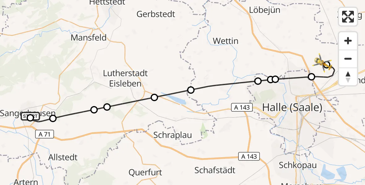 Flugroute Rettungshubschrauber Helios Clinic Mansfeld-Südharz - Halle-Oppin Flugplatz, 26 Oktober 2026, 18:35