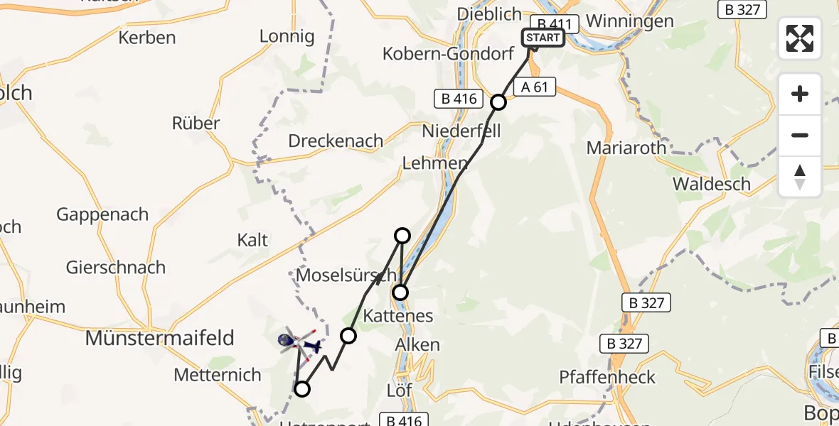 Flugroute Polizeihubschrauber Dieblich - Münstermaifeld, 26 Oktober 2026, 19:02