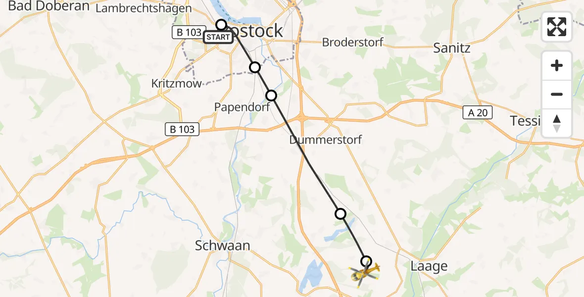 Flugroute Rettungshubschrauber Rostock University Hubschrauberlandeplatz - Flughafen Rostock-Laage, 26 Oktober 2026, 19:15