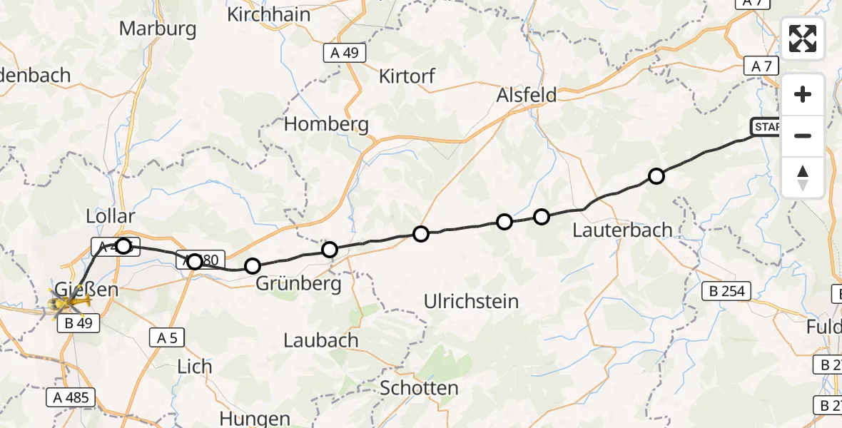 Flugroute Ambulanzhubschrauber Schlitz - Gießen, 26 Oktober 2026, 21:25