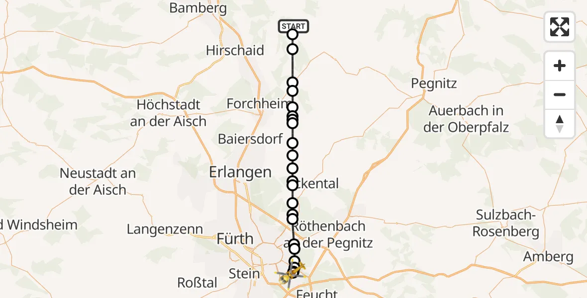 Flugroute Rettungshubschrauber Heiligenstadt i.OFr. - Nürnberg South Hospital, 26 Oktober 2026, 22:31