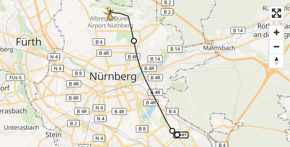 Flugroute Rettungshubschrauber Nürnberg South Hospital - Flughafen Nuremberg, 26 Oktober 2026, 23:18
