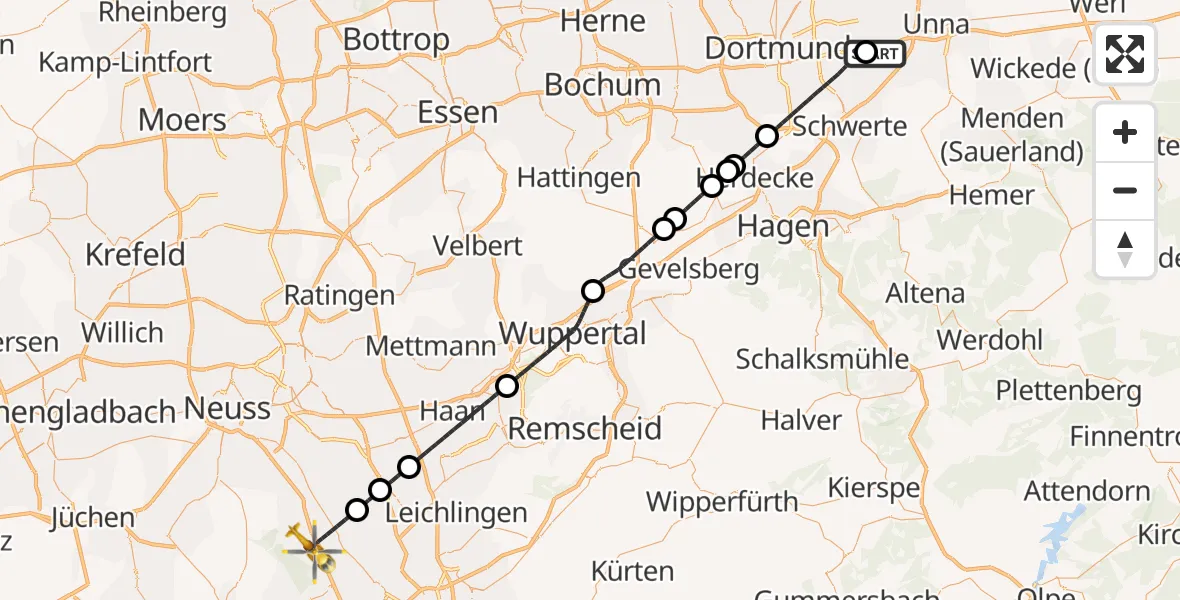 Flugroute Rettungshubschrauber Dortmund Flughafen - Dormagen, 27 Oktober 2026, 00:35