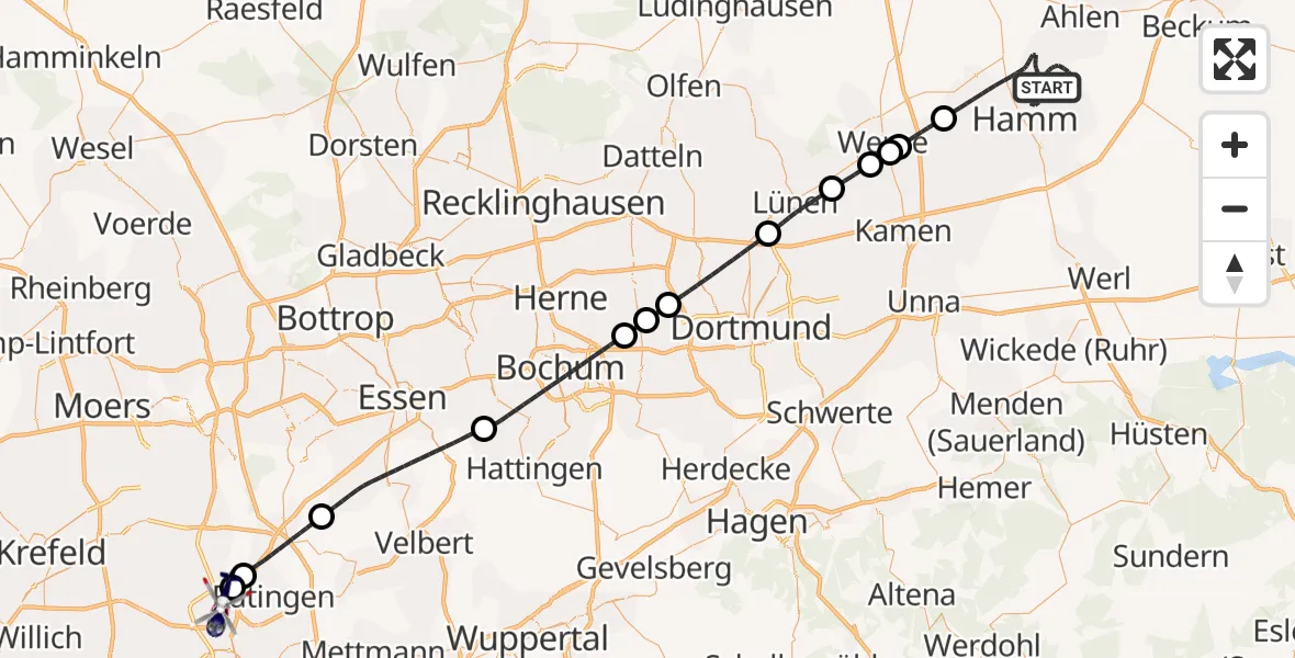 Flugroute Polizeihubschrauber Hamm - Düsseldorf Flughafen, 27 Oktober 2026, 01:47