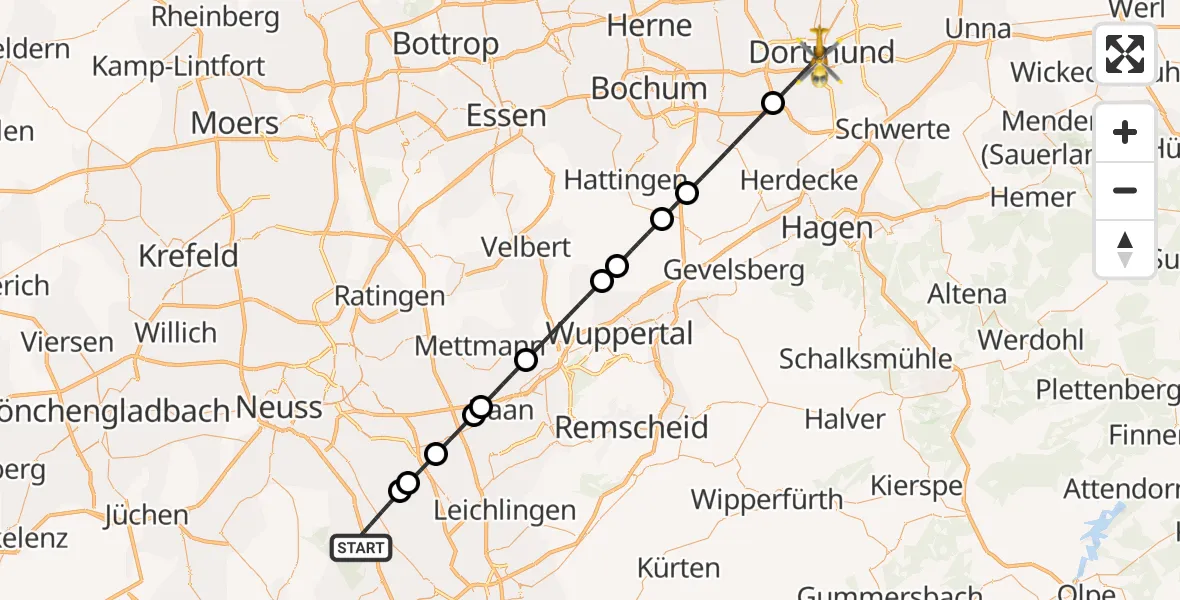 Flugroute Rettungshubschrauber Dormagen - Dortmund, 27 Oktober 2026, 01:52