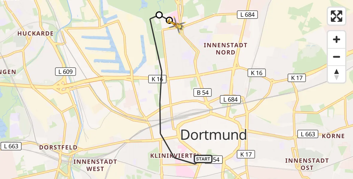 Flugroute Rettungshubschrauber Dortmund - Dortmund Hospital North, 27 Oktober 2026, 02:24