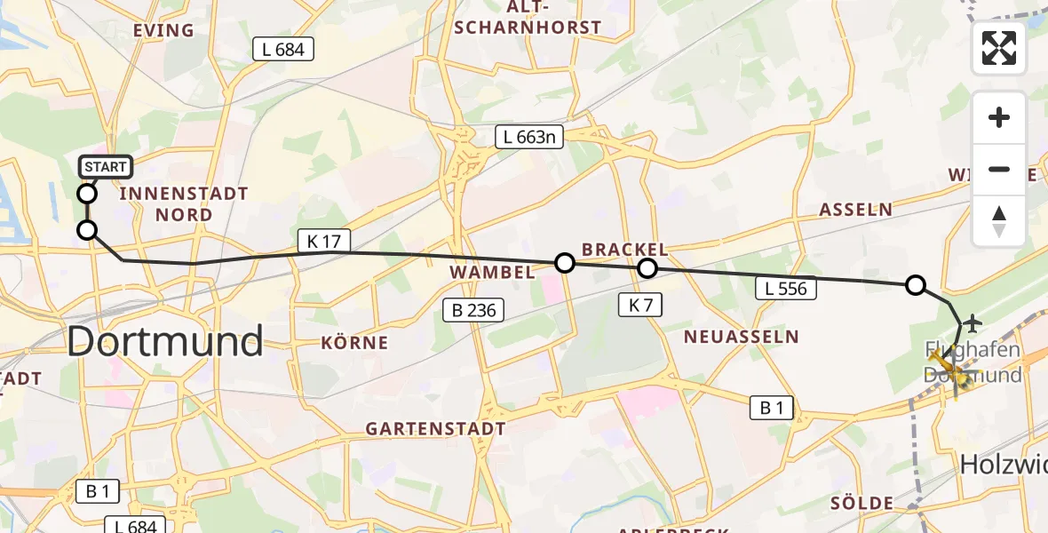 Flugroute Rettungshubschrauber Dortmund Hospital North - Dortmund Flughafen, 27 Oktober 2026, 03:05